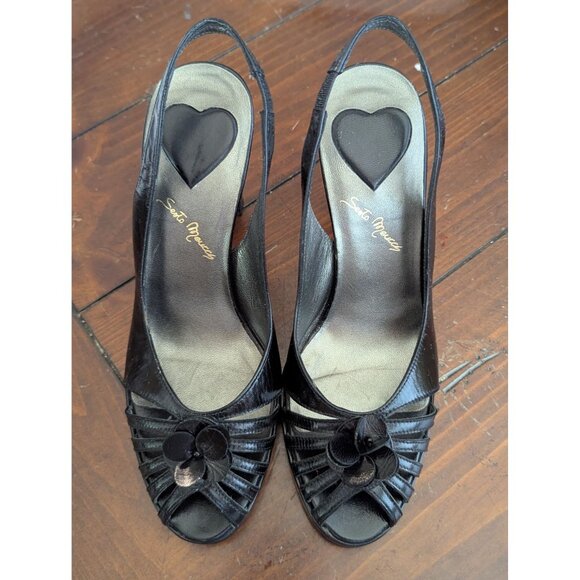 Sesto Meucci Black Leather Slingback Heels With Floral Detail Open Toe Design Wo - Picture 1 of 8